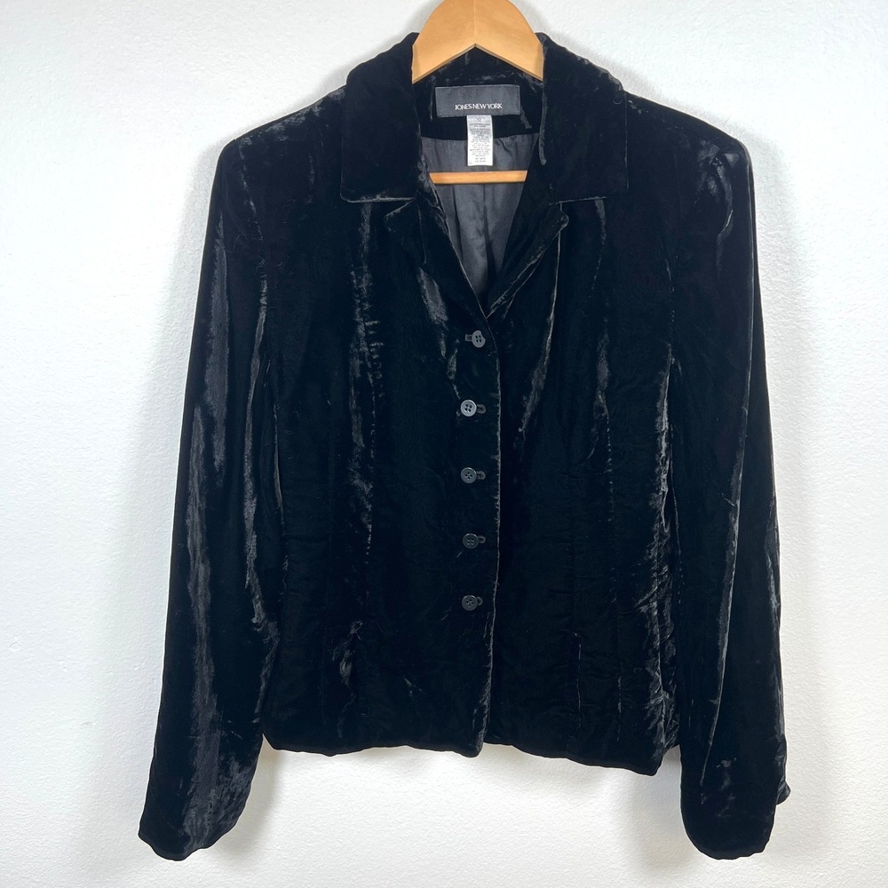 Vtg Jones New York Womens Y2K Crushed Velvet Blazer Sz 12 Black Evening Holiday